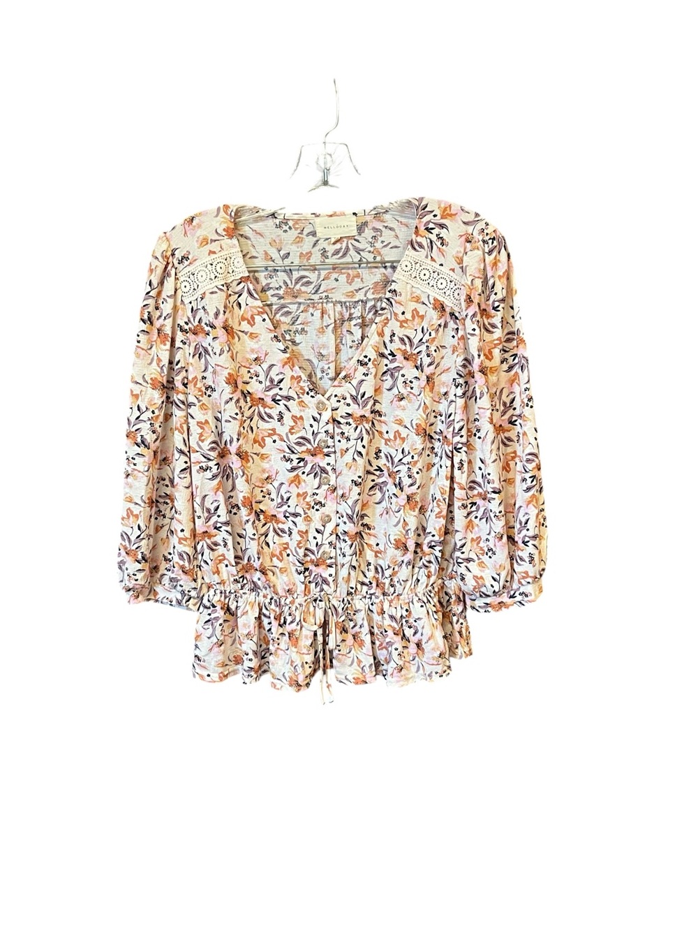 Melloday Blouse Women M Cream Pink Floral Boho Peplum Crochet Top 3/4 sleeve
